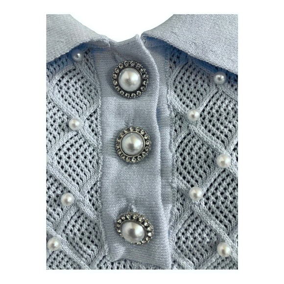 Blue diamond pattern pearl adorned‎ collared sweater top new size XL new - Picture 4 of 17